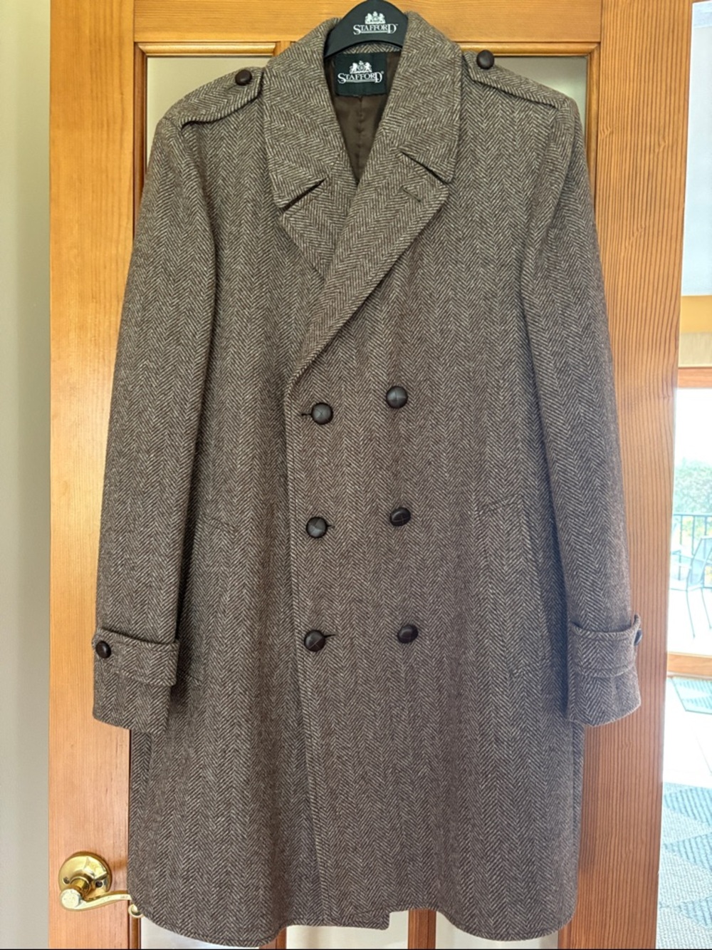 Vintage Stanford Mens Double-Breasted Herringbone Wool Coat - Brown 44
